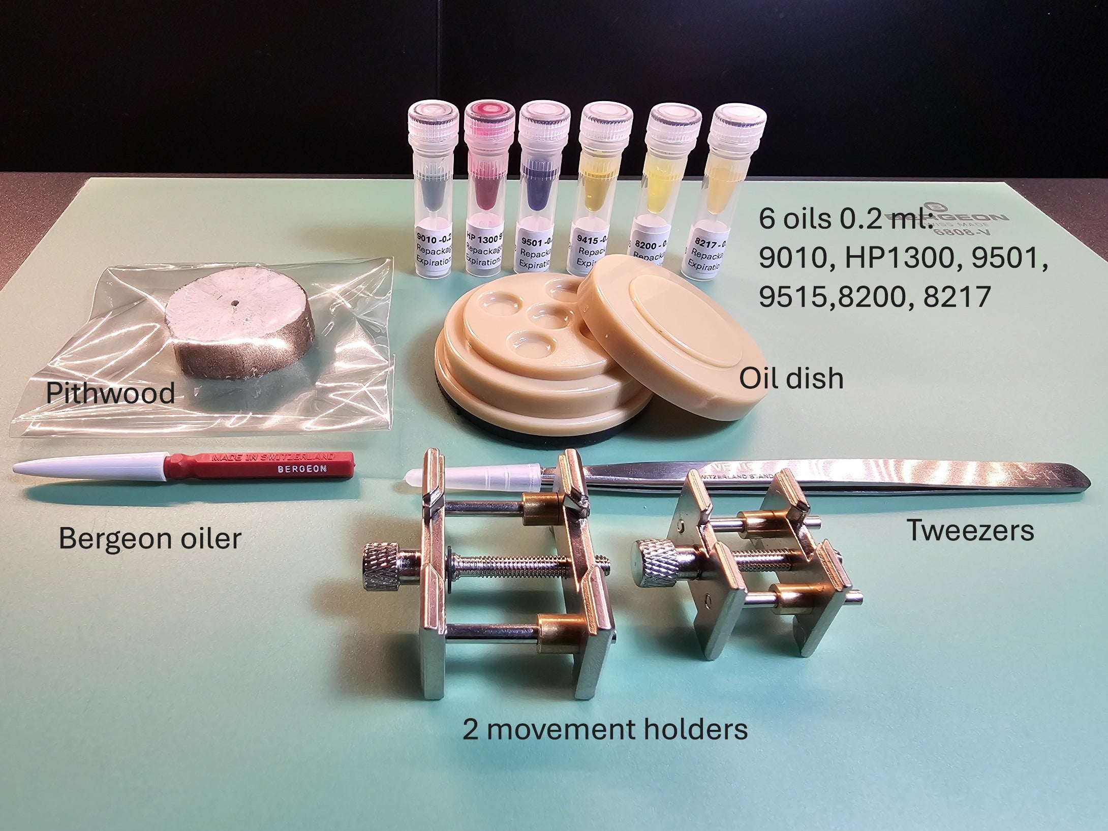 Kit for Watchmaking:  6 Moebius repackaged watch oils 0.2ml (9010, HP1300, 9501, 9415, 8200, 8217) + genuine Bergeon fine oiler (red), oil dish, pithwood button, high quality tweezers, 2 watch movement holders