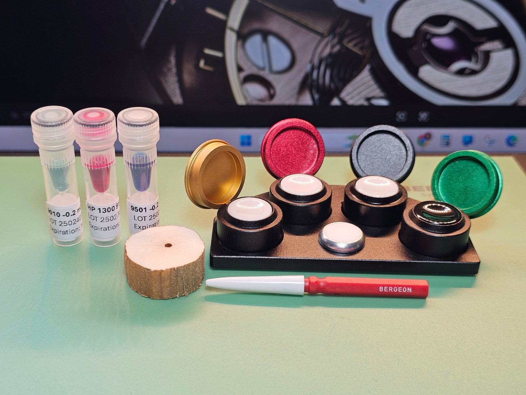 Kit for Watchmaking: 3 Moebius Repackaged Oils 0.2ml (9010,HP1300, 9501) + Bergeon oiler + pithwood + oil stand with ceramic cups (See picture what you get)