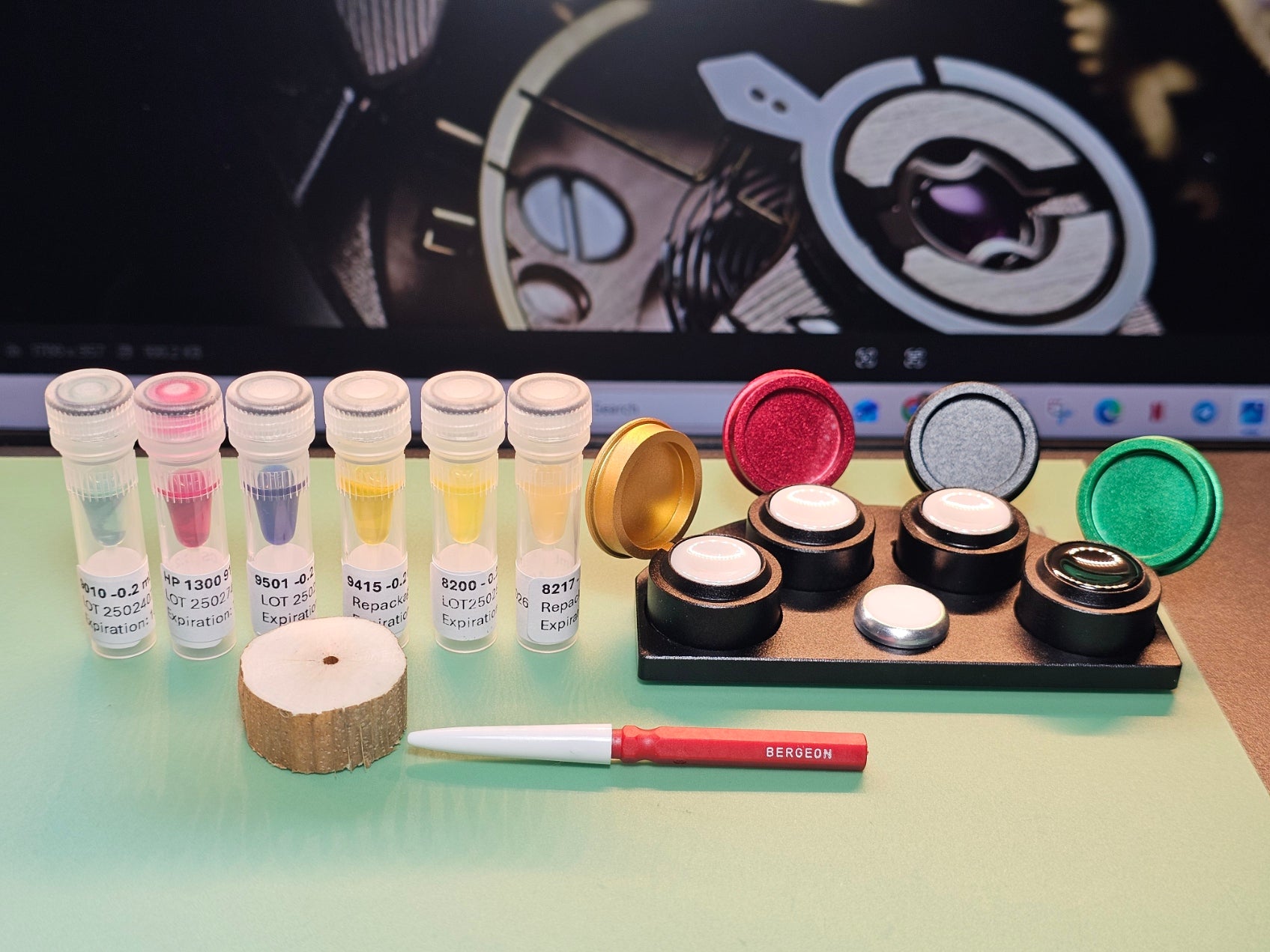 Kit for Watchmaking: 6 Moebius Repackaged Oils 0.2ml (9010,HP1300, 9501, 9415, 8200, 8217) + Bergeon oiler + pithwood + oil stand with ceramic cups (See picture what you get)