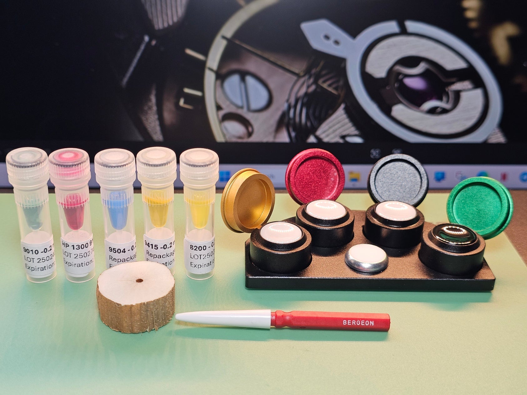 Kit for Watchmaking: 5 Moebius Repackaged Oils 0.2ml (9010,HP1300, 9504, 9415, 8200) + Bergeon oiler + pithwood + oil stand with ceramic cups (See picture what you get)