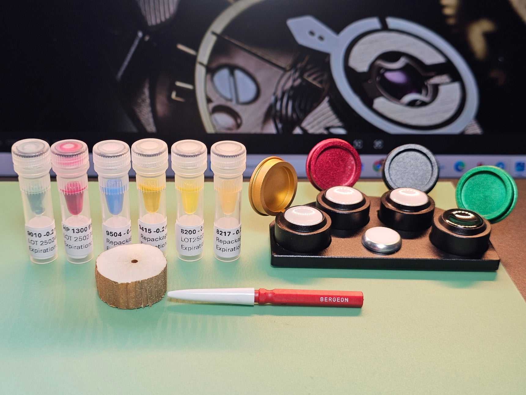 Kit for Watchmaking: 6 Moebius Repackaged Oils 0.2ml (9010,HP1300, 9504, 9415, 8200, 8217) + Bergeon oiler + pithwood + oil stand with ceramic cups (See picture what you get)